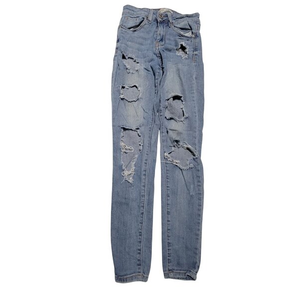 Almost Famous High Rise Skinny Jeans Womens Size 0 Light Wash Ripped Denim Pants - Picture 2 of 5
